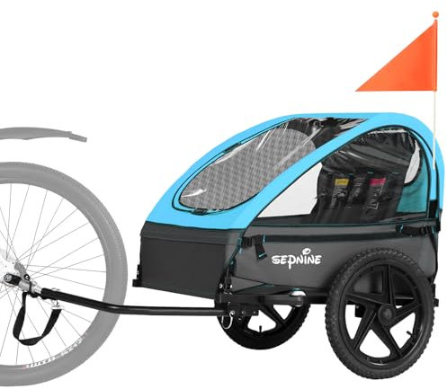 Sepnine Remolque de Bicicleta para niños, Apto para 1 a 2 niños, más de 12 Meses, fijación rápida a la Bicicleta, Plegable, con arnés de 5 Puntos y Bolsas de Almacenamiento, Color Azul