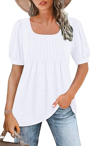 WNEEDU T Shirt Donna Collo Quadrato Magliette Donna Manica Corta a Sbuffo Estive Top Camicia Elegante Plissettata Fluide Tunica Blusa Bianco L