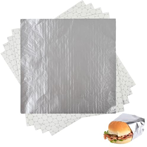 Lot de 50 feuilles de papier d'aluminium prédécoupées de qualité supérieure pour hot-dogs, hamburgers, burritos, emballage alimentaire, résistant à la graisse et imperméable, isolation thermique et