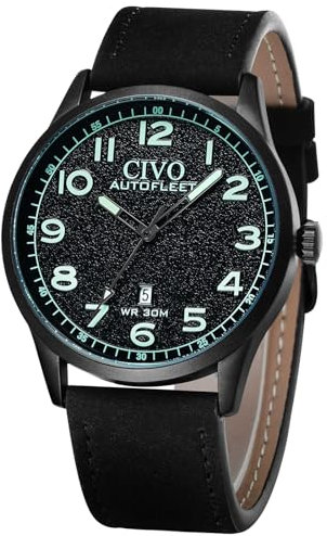 CIVO Militär Uhr Herren Lederarmband: Schwarz Armbanduhr Herren Klassisch - Analog Quarzuhr mit Datum Leuchtend Leicht zu Lesen
