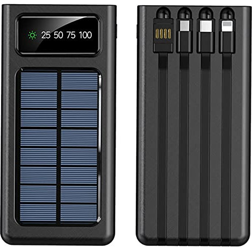 20 000 mAh solkraftbank med ficklampa utomhusresor bärbar snabbladdare externt batteri med inbyggda kablar 2 st backup-batteri med stor kapacitet med LED-skärm