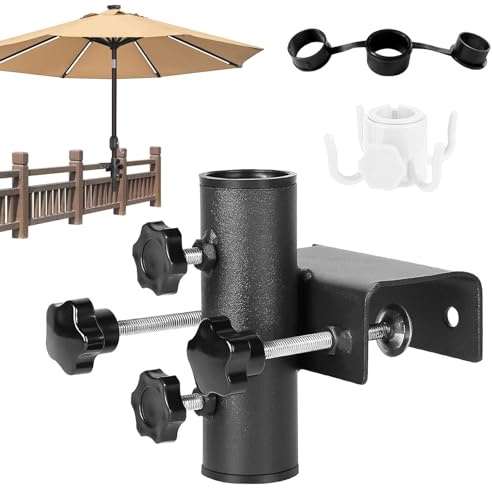 Parasollhållare balkongräcke, tung parasollhållare balkong, justerbart paraplystativ balkong, klämområde 20 mm – 63 mm, diameter på parasollstaven 23 mm – 38 mm (svart)