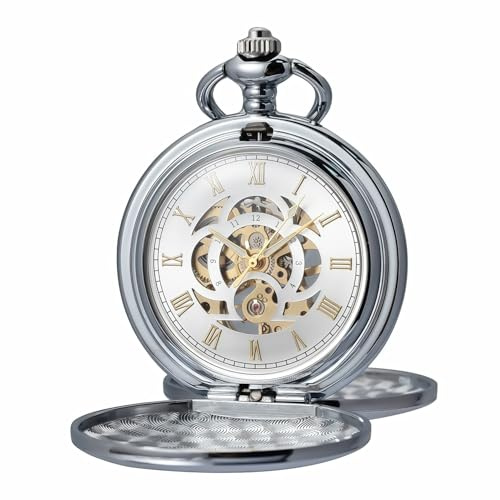 Kchss Silver Mechanical Pocket Watch with Chain - Retro Smooth Classic Handwind - Roman Numerals for Men & Women