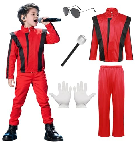 Antsparty Dancer Rocker Star Costume, 80s Pop Costume Set with Red Jacket and Trousers Glove Glasses, King of Pop Fancy Dress, Halloween Cosplay Role Playing