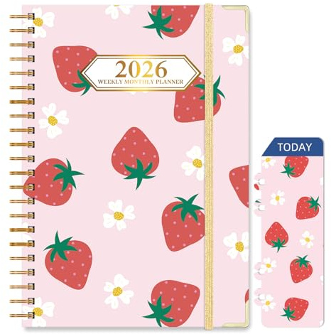 Knagsfa 2026 Planner, Jan.2026 - Dec.2026 Planner Weekly and Monthly 6.25x8.5 with Page Tabs, Calendar Hardcover with Inner Pocket, Elastic Band, Twin-Wire Binding, Bookmark, Cute Strawberry