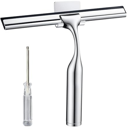 Omnikryp Limpia Mamparas Ducha Cristal, Rasqueta Limpiacristales, Limpia Cristales Ducha, Limpieza Sin Dejar Rastro, con Tornillos y Gancho Adhesivo, para Espejos, Baños y Ventanas - 25,6cm (Plata)