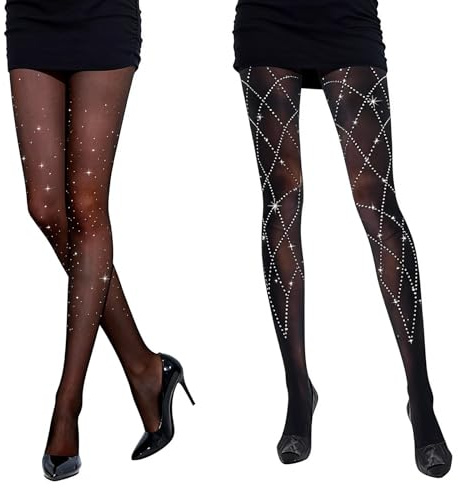 XDGBGFN 2 par glittrande nätstrumpbyxor svarta strumpbyxor med diamanter glitter fisknätstrumpbyxor med hög midja för kvinnor karneval halloween tillbehör