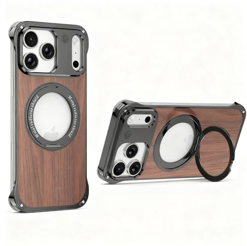 HUHUCASE Valnötsträ + metall doftande magnetiskt telefonfodral, för iPhone 17 Pro Max, ramlöst roterande stativ, fyra hörn droppskyddsfodral (iPhone 17, svart)