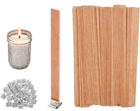 50Pcs Wooden Candle Wicks,13cm Wood Wicks with 25 Iron Sustainer Stands | Natural Wood Candle Cores for Soy Wax Paraffin Wax Candlemaking,DIY Handmade Candle Making Craft Supplies