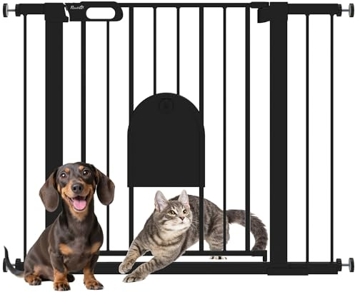 PawHut Barrière de sécurité Animaux de 76H cm barrière Chien Chat avec Porte Fermeture Automatique système de Double Verrouillage Fixation par pressionde de 75 à 103 cm Acier et ABS Noir