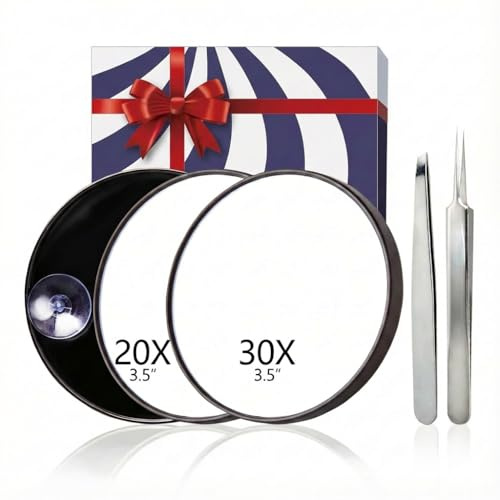 KinzraMira Magnifying Mirror with Precision Tweezers Set, Tweezers for Facial Hair Women, 30X 20X Travel Magnifying Mirror, Make Up Mirror Set