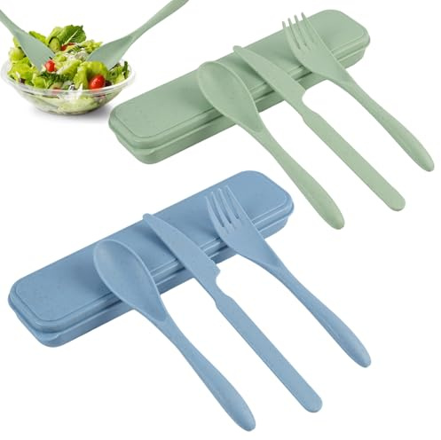 Juego de 2 Sets de Cubiertos de Viaje de Plástico, Cubiertos para Camping con Tenedor, Cuchillo, Cuchara, Estuche Portátil, Cubiertos Reutilizables para Picnic, Oficina, Escuela - Azul y Verde