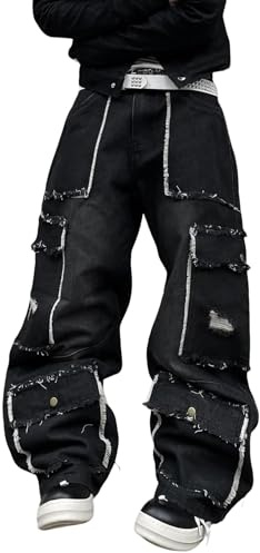 Jeans de Travail pour Homme, Style Gothique Tendance, Coupe Ample Hip-hop Skate Pantalon à Jambes Larges avec Poches, Patchwork et Broderie.