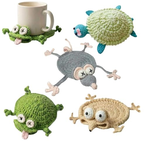 4 Stück Tier Gehäkelte Untersetzer-Set, Handgefertigtes Häkeluntersetzer-Set, Bunte Gewebte Coasters, Lustiger Häkeldeckchen, Für Schreibtische, Esstische, Küchen, Geschenkideen