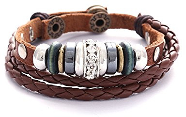 Morella Bracciale da donna in pelle marrone intrecciato con borchie + perline e zirconi, 18 cm, Pelle, Zirconia cubica