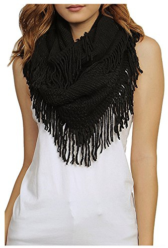 TD Collections Women's Mixed Knit Fringed Infinity Scarf (Black)