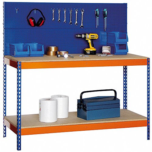 Estanterías Jomasi. Banco de Trabajo BTP/1500 Panel Portaherramienta, Azul/Naranja, metálico superior. Med. 1500 x 1500 x 600 mm. Capacidad de Carga 600 kgs.