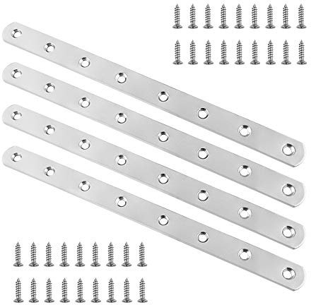 QWORK® 4 Pezzi 245mm x 19mm Piastre Staffa Piatta Forata , Piastre di Giunzione per Riparazione , In Acciaio INOX , per Fissaggio Mensola Supporto Mobili con 32 viti