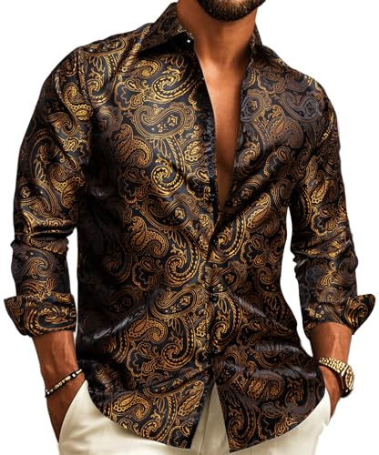 Barry.Wang Chemises de costume pour homme en soie à manches longues avec motif cachemire, boutonnées, grandes et grandes, pour la mode, les loisirs, les mariages, les fêtes et les bals de fin d'année