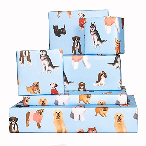 Central 23 - Hojas de papel de regalo azul - Perros cachorros - 6 hojas de papel de regalo - Papel de regalo de cumpleaños - Reciclable
