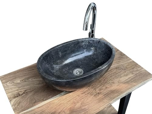 FaHome Lavabo ovalado de mármol (45 cm x 30 cm x 15 cm), piedra pulida, lavabo de piedra natural, lavabo único de superficie de mármol negro