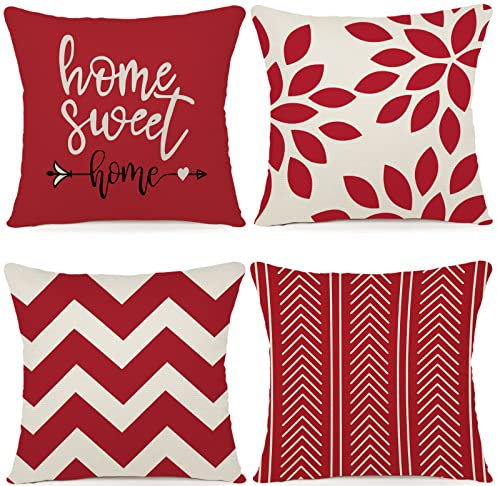 ZWJD Kissenbezug 40x40 4er Set Dekokissen Kissenbezüge Dekoration Outdoor Kissenbezüge Leinen Dekokissen für Schlafzimmer, Sofa, Stuhl, Bett, Garten (40 x 40 cm,Rot)