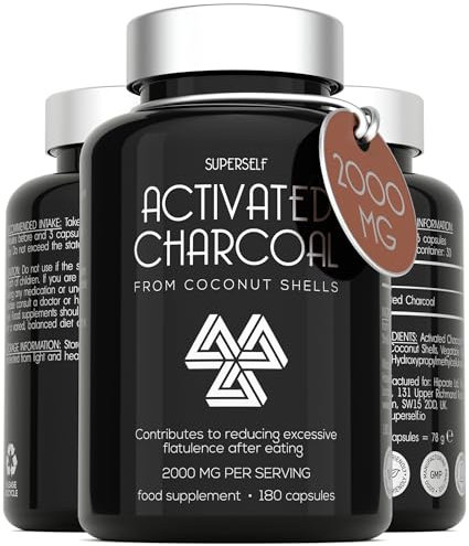 Activated Charcoal Tablets 2000mg - Activated Charcoal Capsules for Flatulence - 180 Capsules - 100% Pure Charcoal from Coconut Shells - 6 Caps Dose - Active Carbon Stomach Supplement for Adults
