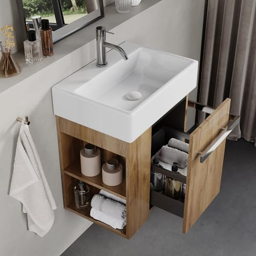 BRIDGE BENO Mueble de Baño 50 cm con Lavabo de Cerámica – Cajón con Cierre Suave, Tirador para Toallas, Instalación Izquierda/Derecha Opcional, European Oak