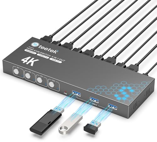 USB 3.0 HDMI KVM Switch 1 Monitors 4 Computers, 4K@60Hz KVM Switches for 4 Computers Sharing Monitor Keyboard Mouse Hard Drives Printer, with EDID Adaptive,1 HDMI Cable and 4 USB Cable