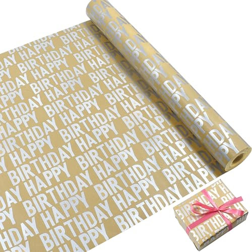 43cm*15m Happy Birthday Geschenkpapierrolle, silbernes Geschenkpapier, recycelbares Kraftpapier für Partys, Geburtstagsgeschenkdekorationen