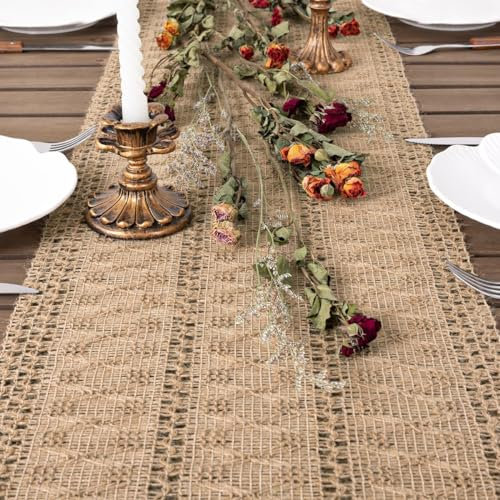 Dremisland Boho Table Runner Macrame Farmhouse 72 Inch Woven Burlap Rustic Bohemian Fall Table Runner Coffee Table Cover Dresser Scarf for Summer Kitchen Dining Table Decoration (Jute, 30 x 180 cm)