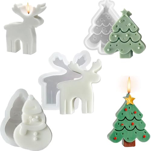 Lot de 3 moules en silicone de Noël, élan, bonhomme de neige, sapin de Noël, moule à bougies, moule pour la fabrication de bougies