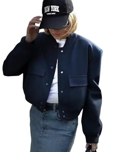 Shuanghao Women's Cropped Bomber Jackets - Fashion Casual Stand Collar Button Down Short Jacket Sweatshirt-Varsity Baseball Jacket for Ladies UK-Lightweight Autumn Jacket With Pockets Dark Blue M