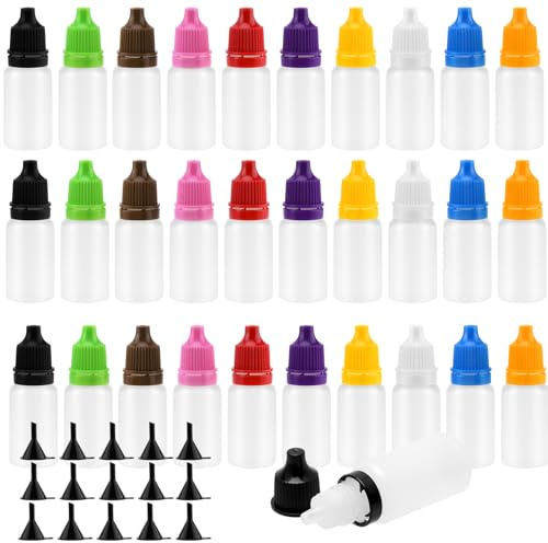 MAKTSAM 220 st 10 ml tomma droppflaskor, 10 färger lock genomskinliga klämbara flaskor med trattar, plast mini roterande lock droppflaskor för att fylla lösningsmedel, essens, ögondroppar
