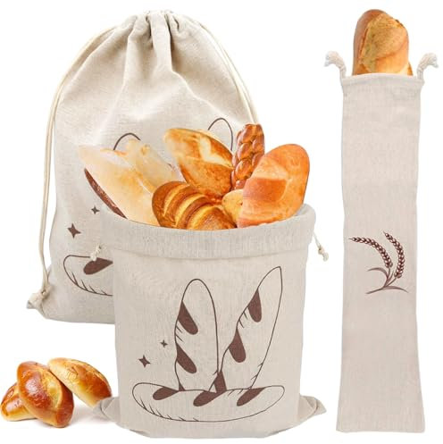 Pizsieat 3 Pièces Sac à Pain en Lin et Coton - 30 x 40cm + 15 x 66cm - Réutilisable, Longue Conservation Avec Cordon pour Baguette, Fruits, Légumes