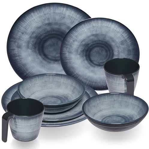 Melamin Geschirr Set Jesolo Grau für 2 Personen - 8 Teile - mit Tassen Steingutoptik Spülmaschinengeeignet Campinggeschirr Wohnwagen Camping Festival