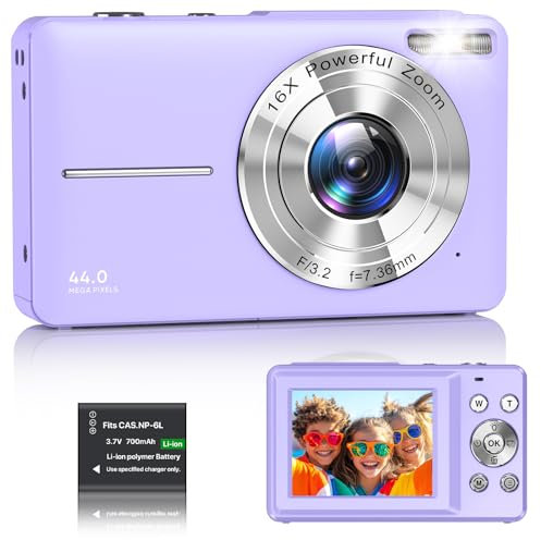 Digital Camera 1080P FHD Compact Digital Camera 44MP Portable Mini Small Photo Camera with 2.4 LCD Screen, 16X Digital Zoom and 1 Battery Vlogging Camera for Kids, Girls, Boys-Purple（No SD Card）