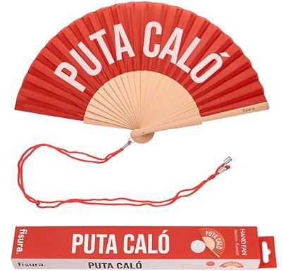 Fisura – Abanico original con mensaje “p*ta caló”. Abanico de madera moderno y colorido. Ventilador de mano rojo. Colgador incluido. Medidas: 42,5 x 23 cm