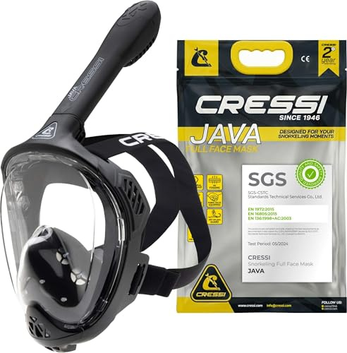 CRESSI Desde 1946 - Java Full Face Mask - Máscara Integral Compact Fit para Snorkeling, Lente Ultra Clara Antivaho, 100% Silicona, Tubo Seco con Válvulas de Seguridad, Negro/Negro, S/M