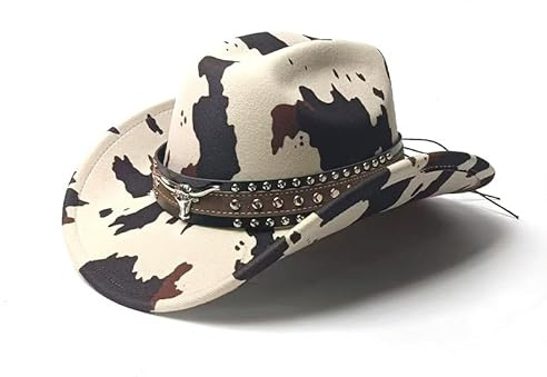 SJTJSPX Chapeau de Cowboy Hommes et Femmess,Chapeau Western Jazz Motif Vaches pour Adultes,Couvre-Chef de Far West Costume Fête à Thème Mariage,Chapeaux de Cowgirl en Feutre,Jazz Hat