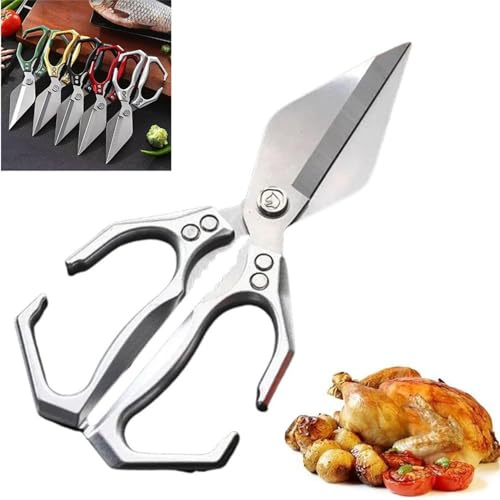 Multifunctional Heavy-Duty Kitchen Shears, 2 In 1 Multifunctional Stainless Steel Scissors, Dishwasher Safe & Ergonomic Handle for Meat, Vegetables, Nuts (Silver)