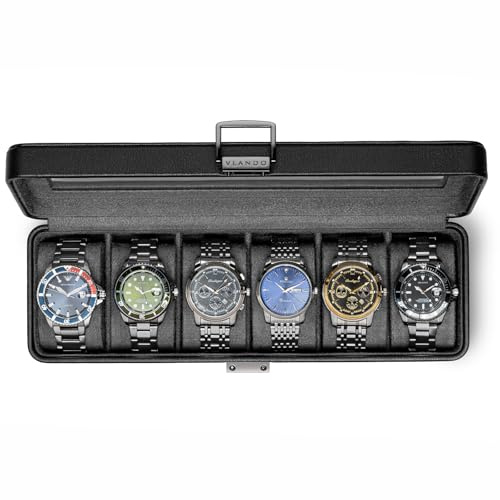Vlando Scatola per orologi da uomo, 6 orologi, in pelle, con chiusura a chiave, con coperchio in vetro, con cuscino in poliuretano, regalo per papà, marito, fidanzato, nero e grigio