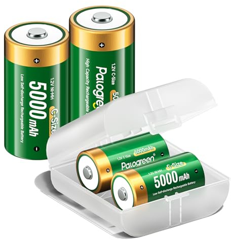 Palogreen Baterías recargables C de 5000 mAh, 4 unidades, 1,2 V/NIMH, pilas recargables tipo C, batería de bebé, sin efecto memoria, baja autodescarga con caja de almacenamiento
