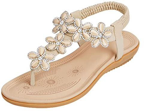 SANMIO Sandali Piatti Estivi da Donna da Estate Strass Fiore Bohemia Flip Flop Spiaggia Estivi Scarpe Casual Open Toe Tacco Piatto Stile 2 Albicocca 42 EU