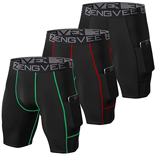 ZENGVEE Lot de 3 Shorts de Compression pour Hommes Short de Course à Pied Cool Dry avec Poches latérales pour la Course, l'entraînement, l'entraînement, la Gym(1011-3Black-2XL)