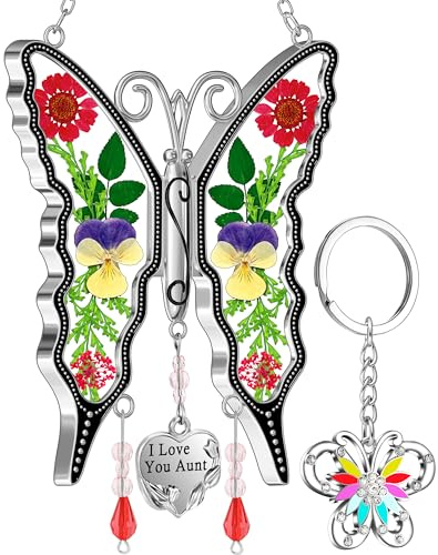 KY&BOSAM Gifts for Aunt Suncatcher Butterfly I Love You Aunt Gift Stained Glass Pressed Real Flower Between Wings for Windows Hanging Wind Chime Decor Birthday Gift for Women Mother`s Day Christmas