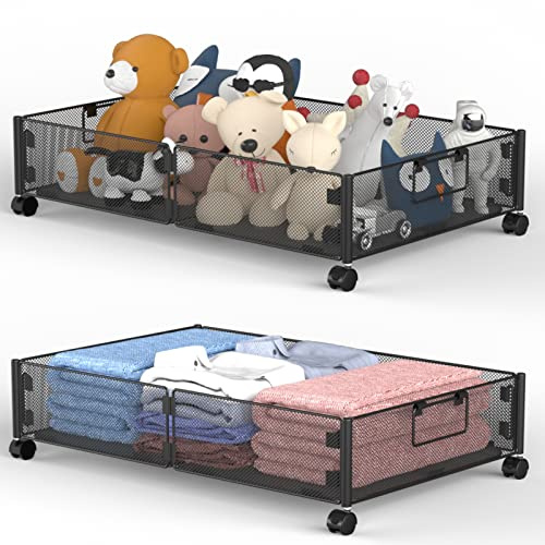 VyGrow Under Bed Storage Containers, 2 Pack, Black, Rectangular, 2 Compartments, Zipper with Wheels, 360° Rotating Wheels, Tool-free Assembly, Underbed Storage for Clothes, Shoes, Blankets, 2Pack