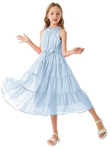 GRACE KARIN Filles Robe Douce Princesses Une Ligne Maxi Casual Fête Festive Mariage Vêtements pour Enfants 12 Ans Bleu Clair