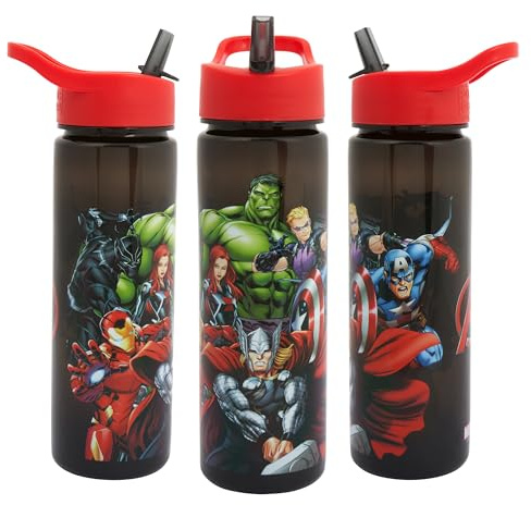Polar Gear Marvel Avengers Water Bottle with Flip Up Straw 600ml - Kids Reusable Non Spill - BPA Free Polypropylene - Ideal for School Nursery Sports Picnic