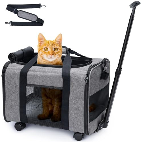 Bolsa de transporte con ruedas extraíbles para perros pequeños y gatos, caja de transporte de aviones cabina, carro para perros carga hasta 11 kg (gris)